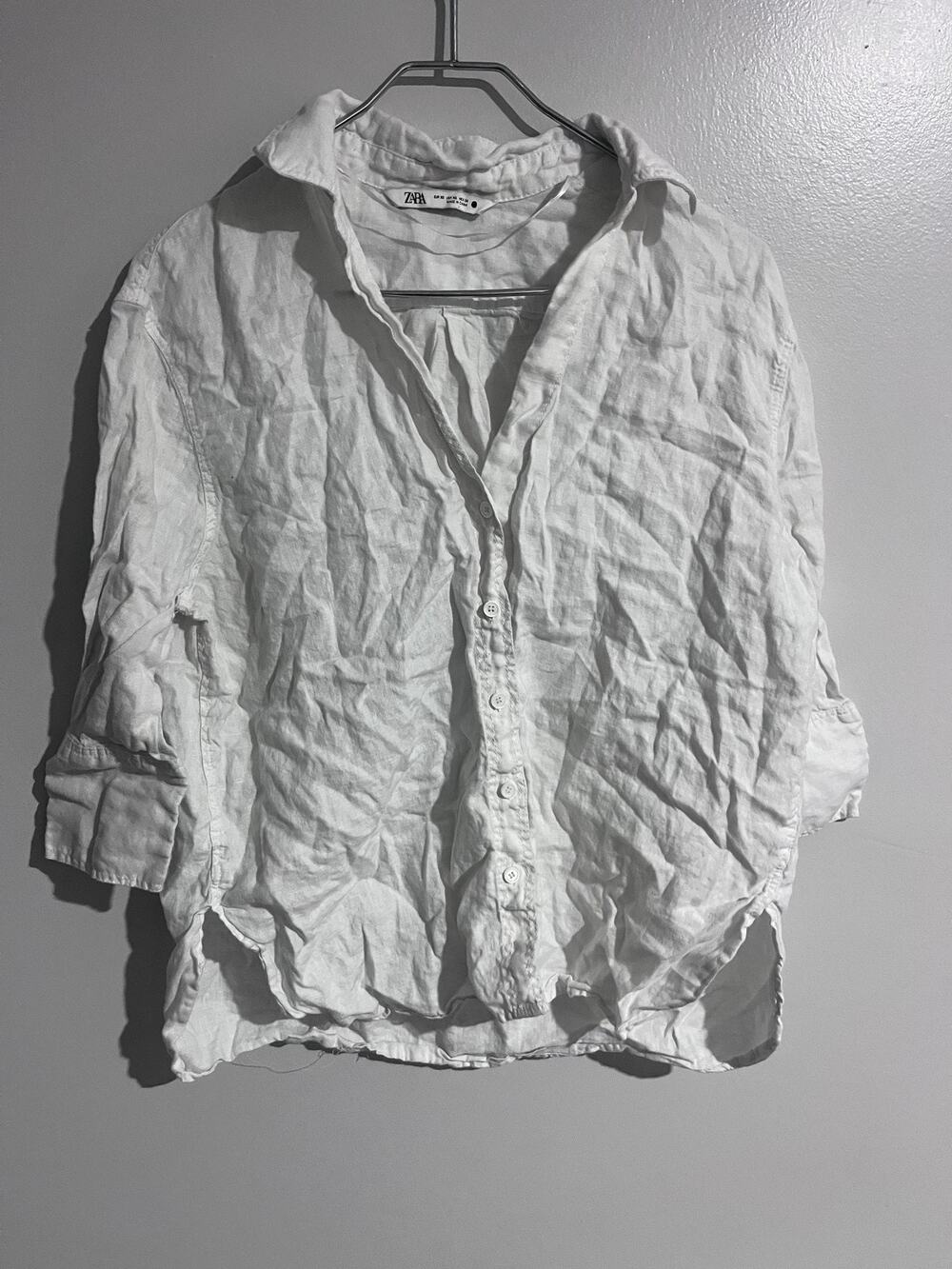 Zara Button-Up Womens XS White Tunic Linen Roll Tab 3/4 Sleeve Collared Casual